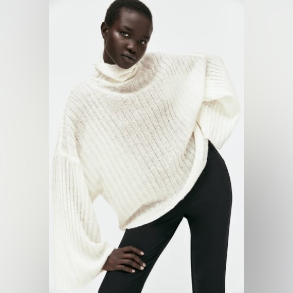 NWT Zara Lightweight Ribbed Knit Wide Oversized Wool Alpaca Turtleneck Sweater L - Picture 2 of 12